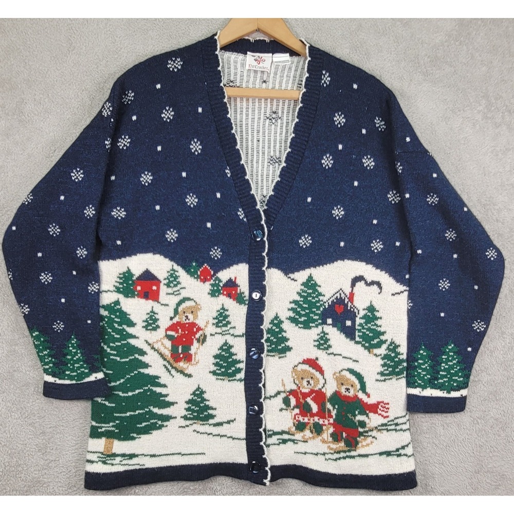 Vintage NutCracker Christmas Cardigan Sweater Womens Medium Blue Teddy Bear Ski